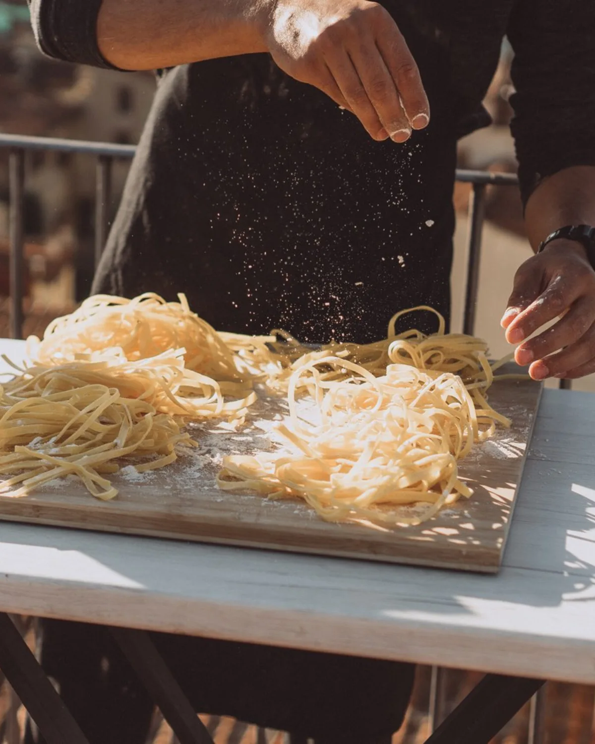Fresh pasta being prepared on the terrace